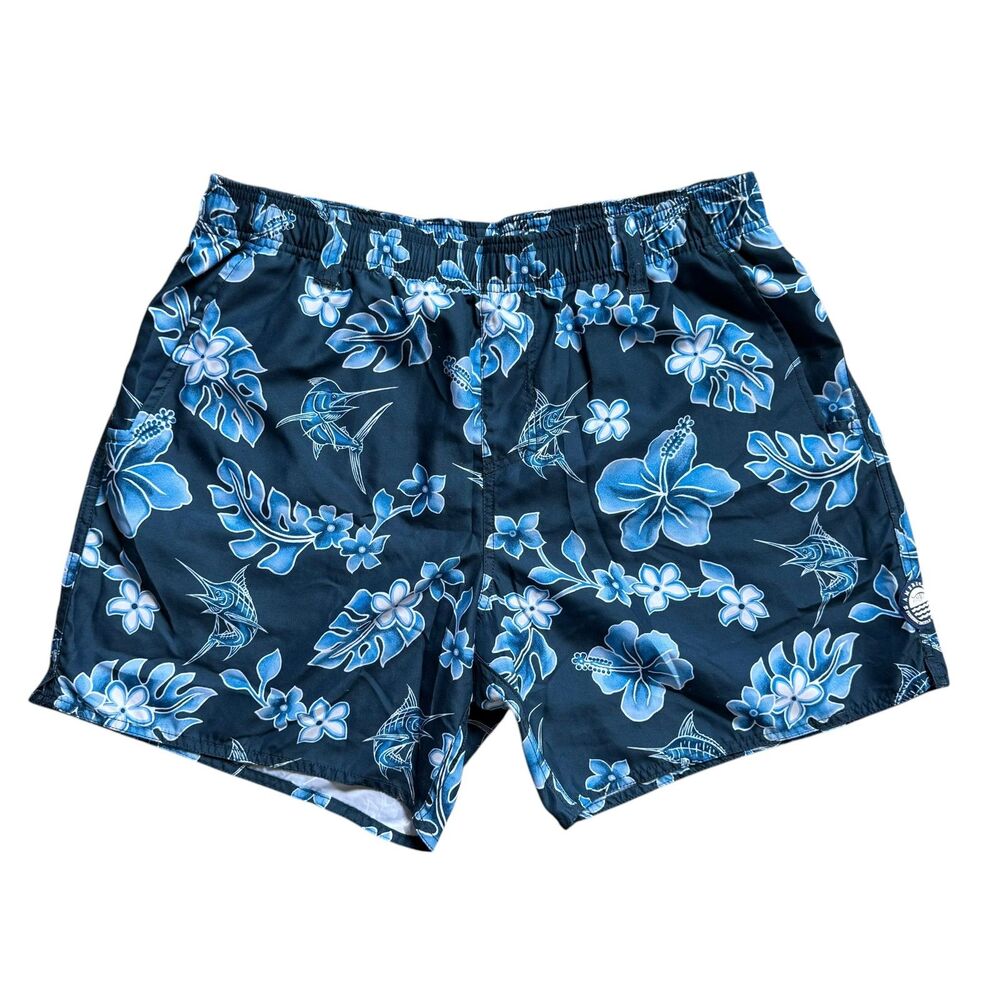 AFTCO Mens Swim Trunks Fishing Size L EUC Blue Floral Summer Trunks